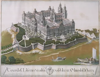 Vista do mosteiro agostiniano de Klosterneuburg, mostrando planos de renovação projetados pelo arquiteto Felice D&39;Allio, 1774 (wc, lápis)
